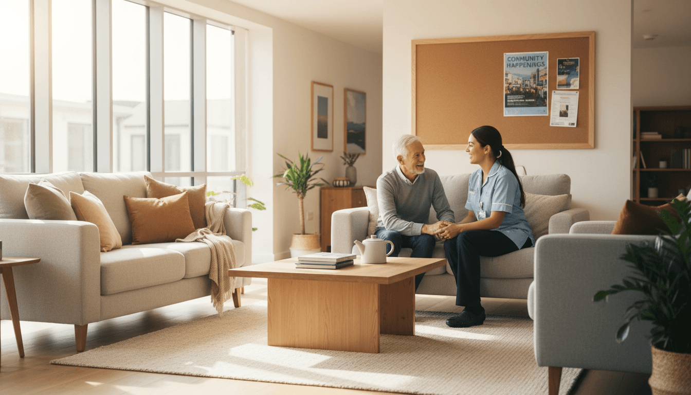 A comfortable living room in a supported living property with natural light and two people engaged in conversation