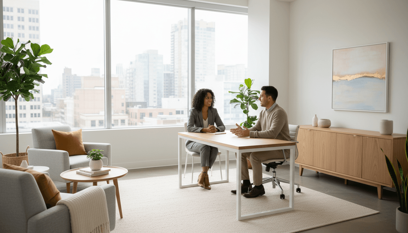 Consultant and client in warm, professional office consultation engaging in direct conversation at modern desk