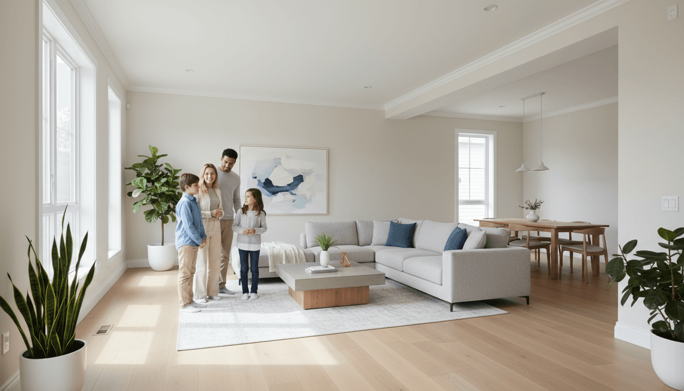 Diverse family exploring bright modern living room with natural light during residential property showing