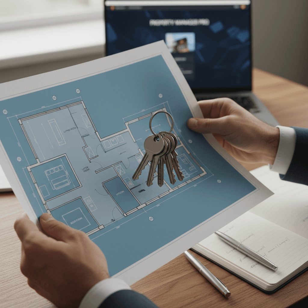Landlord's hands holding keys and floor plan documents on desk with property management software visible on laptop